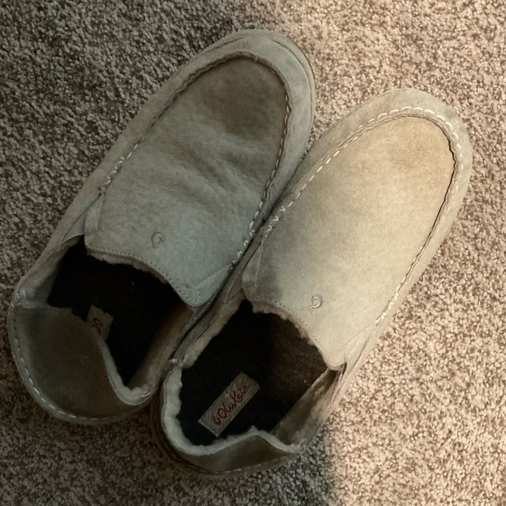 Olukai Gray Suede Moccasin Slippers